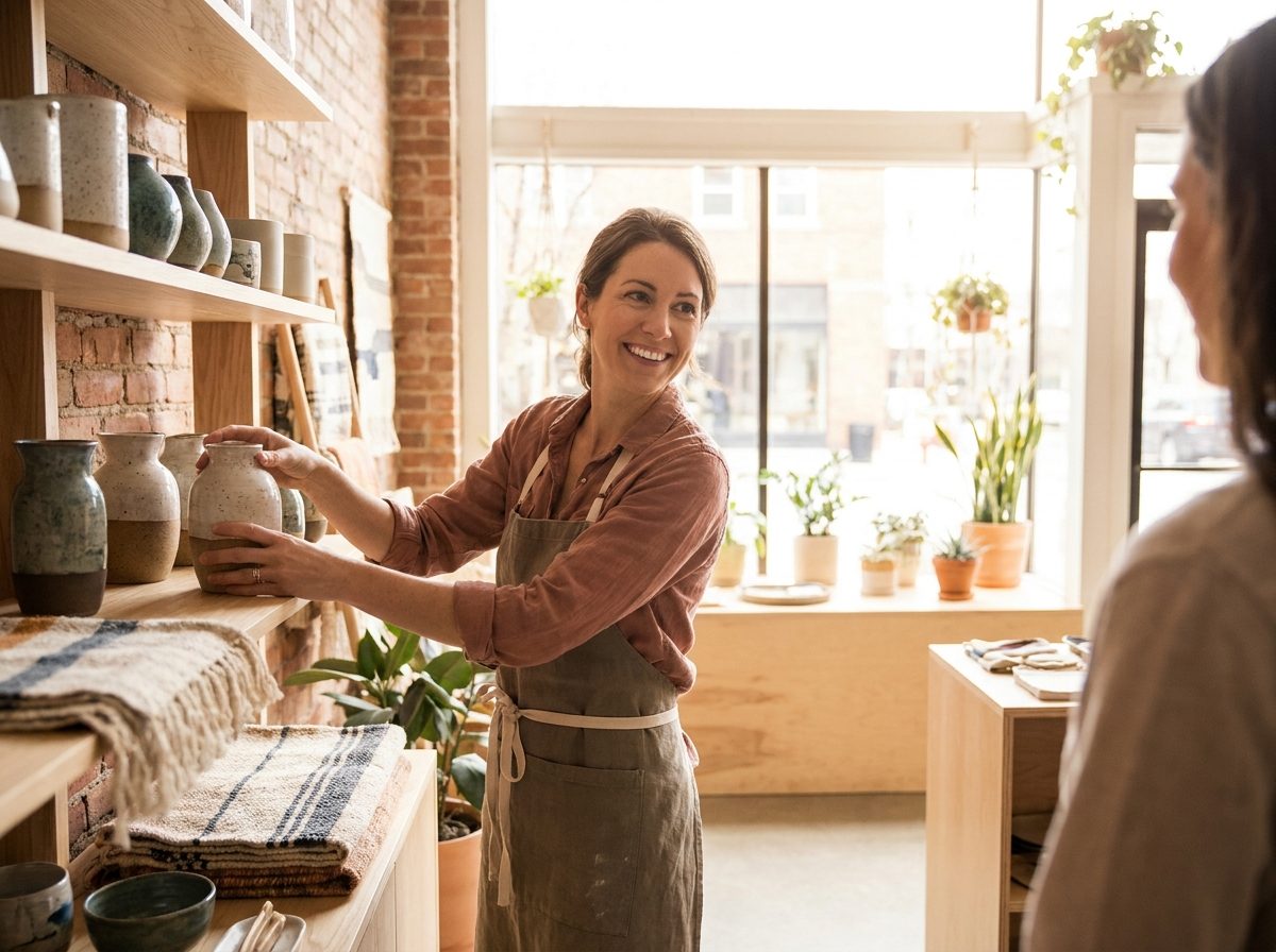 Business content photograph of a shop owner at work