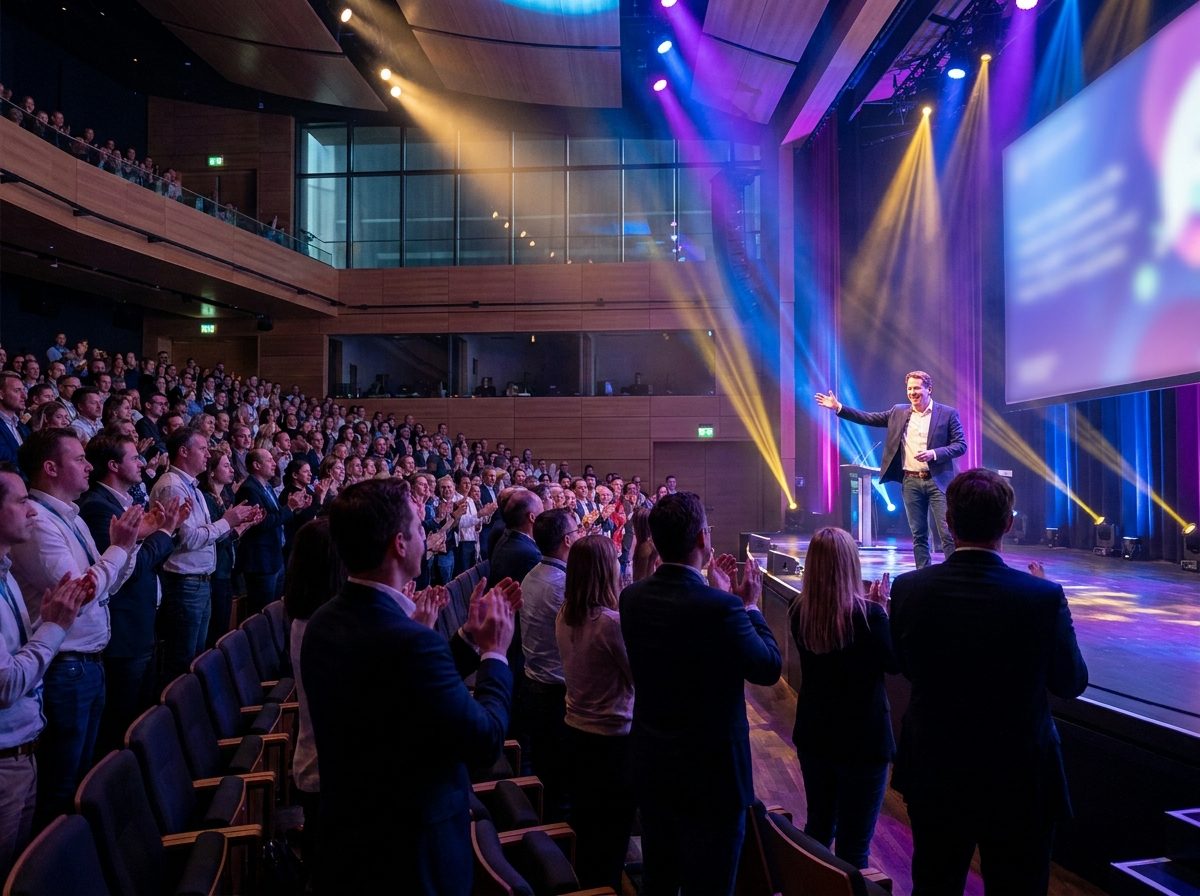 Keynote speaker on stage at a corporate conference
