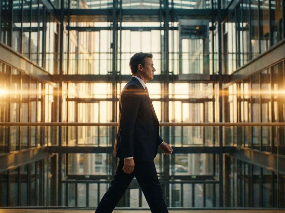Cinematic promotional video frame in a modern office